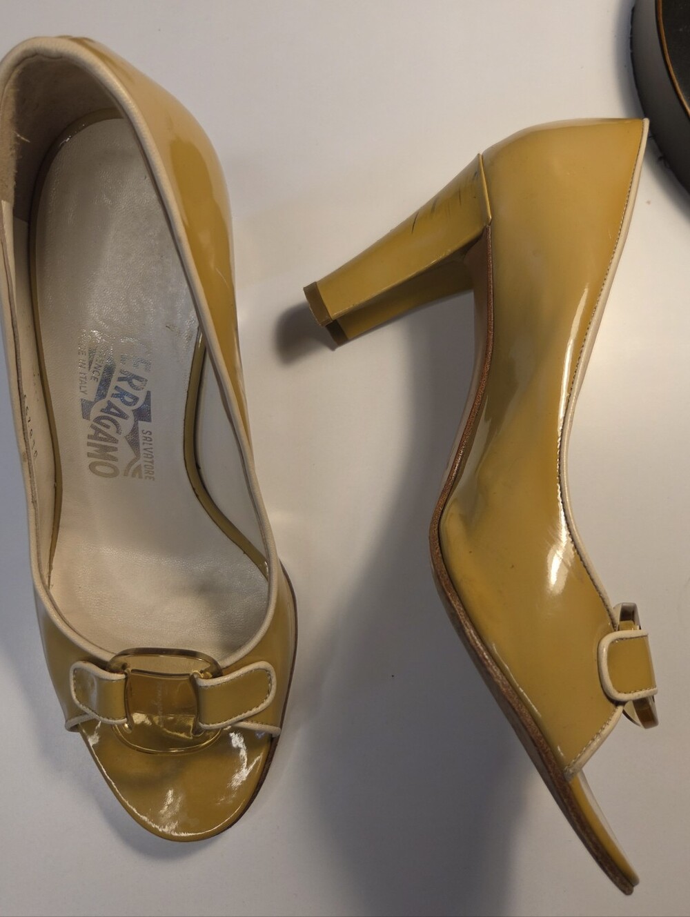 Salvatore Ferragamo Mustard Patent Leather Peep-Toe Heels with Buckle 5 1/2